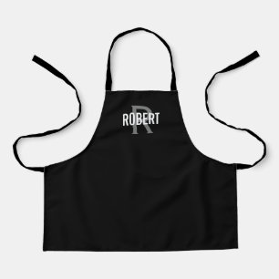 Modern black grey monogram boy name apron