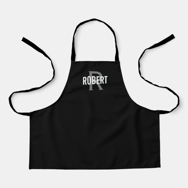 Modern black grey monogram boy name apron (Front)