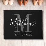Modern Black Grey Monogram Name Newlyweds Wedding Doormat<br><div class="desc">Personalised modern,  hand lettered script,  bold,  black and white and grey monogram design with bride and groom last name and initial on a black background. Makes a unique and great gift for newlyweds. Great for new house together. Customise with last name name,  monogram initial and and colours. Elke Clarke©</div>