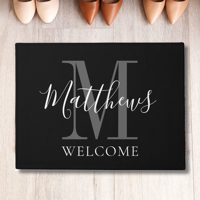 Modern Black Grey Monogram Name Newlyweds Wedding Doormat (Creator Uploaded)