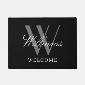 Modern Black Grey Monogram Newlyweds Name Wedding Doormat