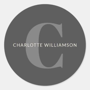 Modern Black Grey Monogram Personalised Name Classic Round Sticker