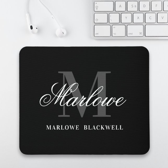 Modern Black Grey Monogram Script Mouse Mat (Creator Uploaded)