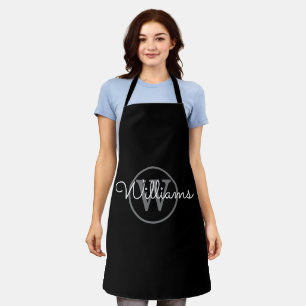 Modern Black Grey Monogram Script Name Apron