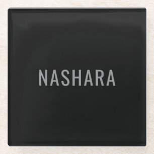 Modern Black Grey Personalised Name Glass Design Coaster