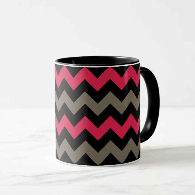 Modern Black Grey Red Chevron Pattern Mug (Front Right)