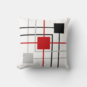 Modern Black Grey Red Lines & Squares Cushion