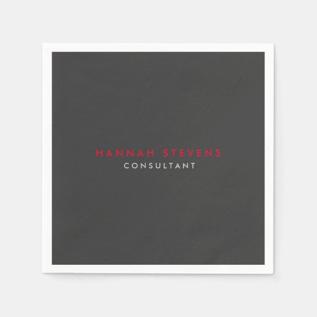 Modern Black Grey Red Professional Your Name Napkin (Front)