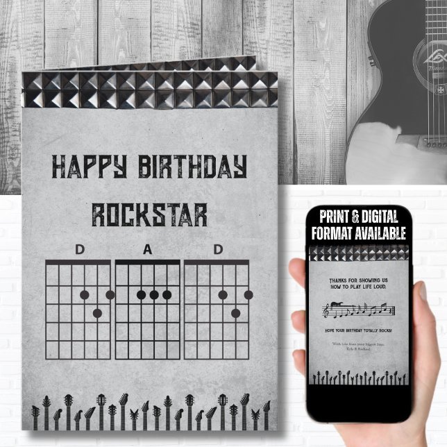 Modern Black Grey Rockstar Dad Happy Birthday Card (Unique Black/Gray guitar chord birthday card for the musician or heavy metal fan)