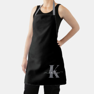 Modern Black Grey Script Monogram Apron
