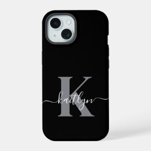 Modern Black Grey Script Monogram iPhone 15 Case