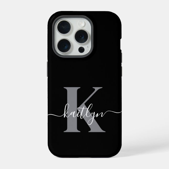 Modern Black Grey Script Monogram iPhone Case (Back)