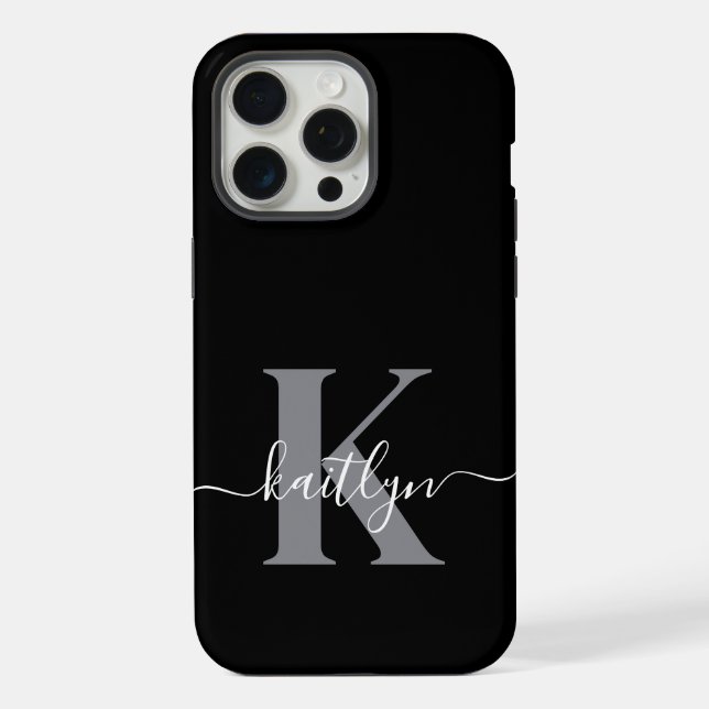 Modern Black Grey Script Monogram iPhone Case (Back)