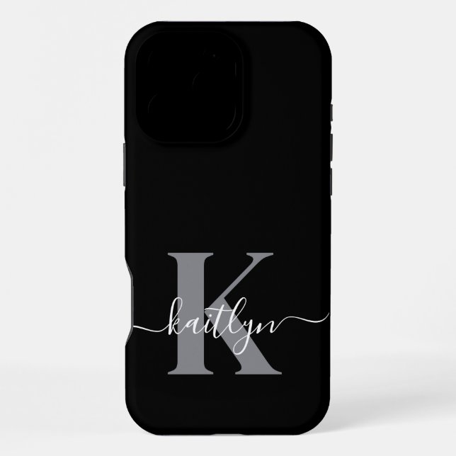 Modern Black Grey Script Monogram iPhone Case (Back)