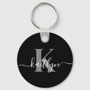 Modern Black Grey Script Monogram Key Ring