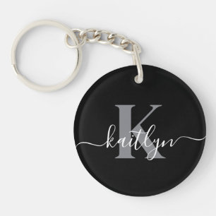 Modern Black Grey Script Monogram Key Ring