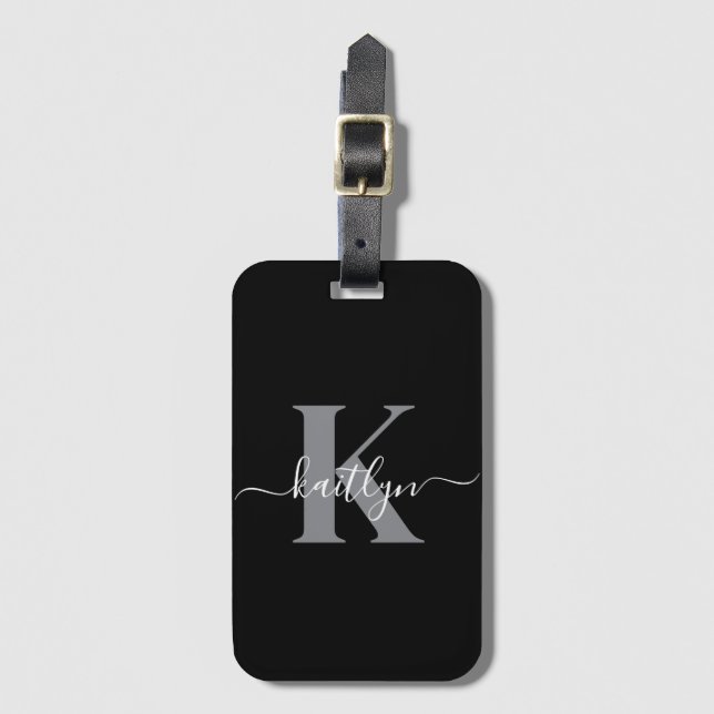 Modern Black Grey Script Monogram Luggage Tag (Front Vertical)