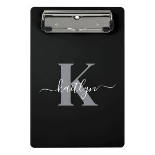 Modern Black Grey Script Monogram Mini Clipboard