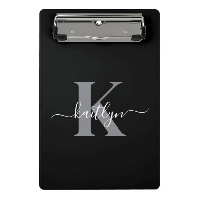 Modern Black Grey Script Monogram Mini Clipboard (Front)