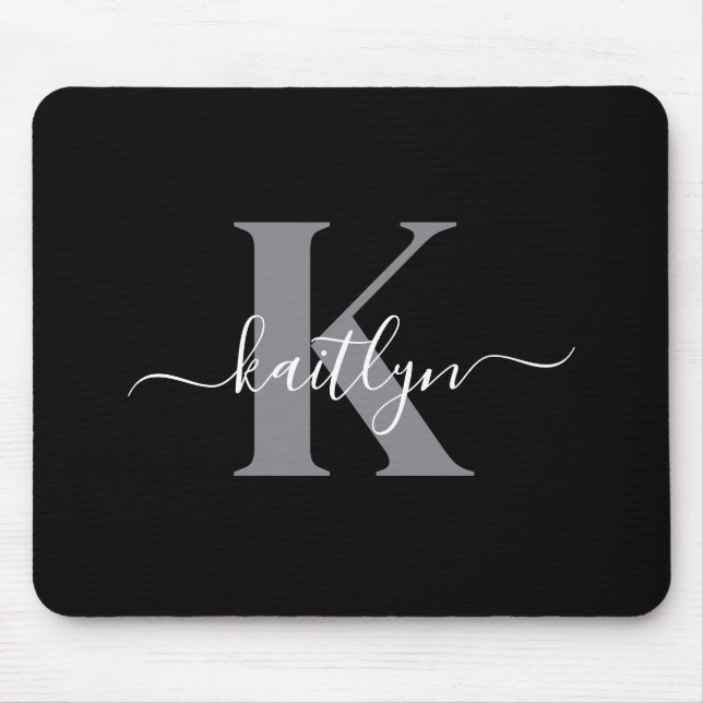 Modern Black Grey Script Monogram Mouse Mat (Front)