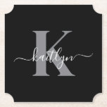 Modern Black Grey Script Monogram Paper Coaster<br><div class="desc">These simple, elegant black ticket shaped paper coasters with your first name in a trendy script font in white typed over your first initial in a modern cap font in grey are perfect for keeping your tables and counters free from water rings. They absorb droplets so you don't have to...</div>