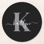 Modern Black Grey Script Monogram Round Paper Coaster<br><div class="desc">These simple, elegant black round paper coasters with your first name in a trendy script font in white typed over your first initial in a modern cap font in grey are perfect for keeping your tables and counters free from water rings. They absorb droplets so you don't have to worry...</div>