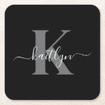Modern Black Grey Script Monogram Square Paper Coaster<br><div class="desc">These simple, elegant black square paper coasters with your first name in a trendy script font in white typed over your first initial in a modern cap font in grey are perfect for keeping your tables and counters free from water rings. They absorb droplets so you don't have to worry...</div>