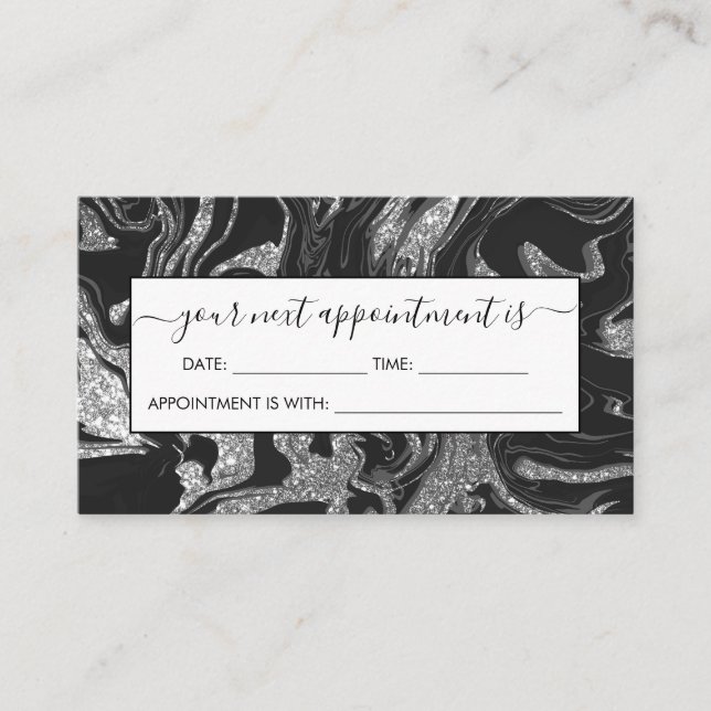 Modern Black Grey Silver Glitter Marble Appointment Card (Front)