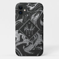 Modern Black Grey Silver Glitter Marble
