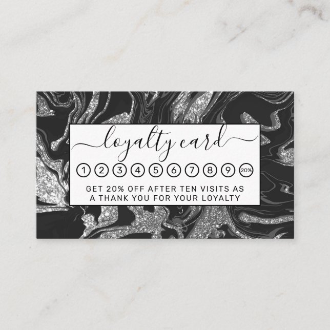 Modern Black Grey Silver Glitter Marble Loyalty Card (Front)
