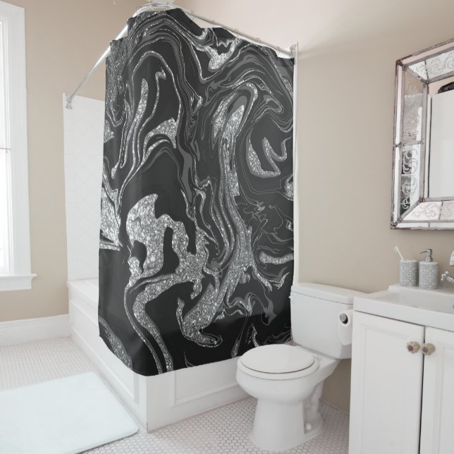 Modern Black Grey Silver Glitter Marble Shower Curtain (In Situ)
