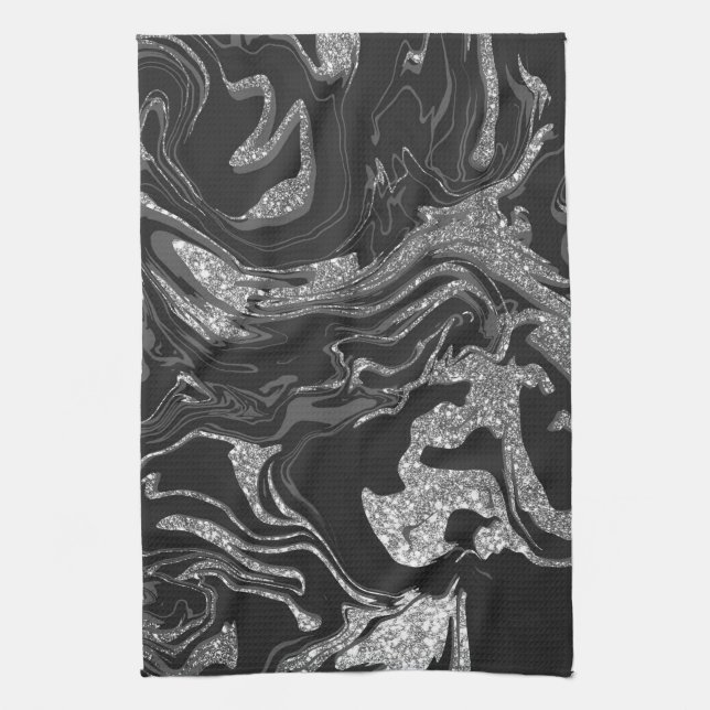 Modern Black Grey Silver Glitter Marble Tea Towel (Vertical)
