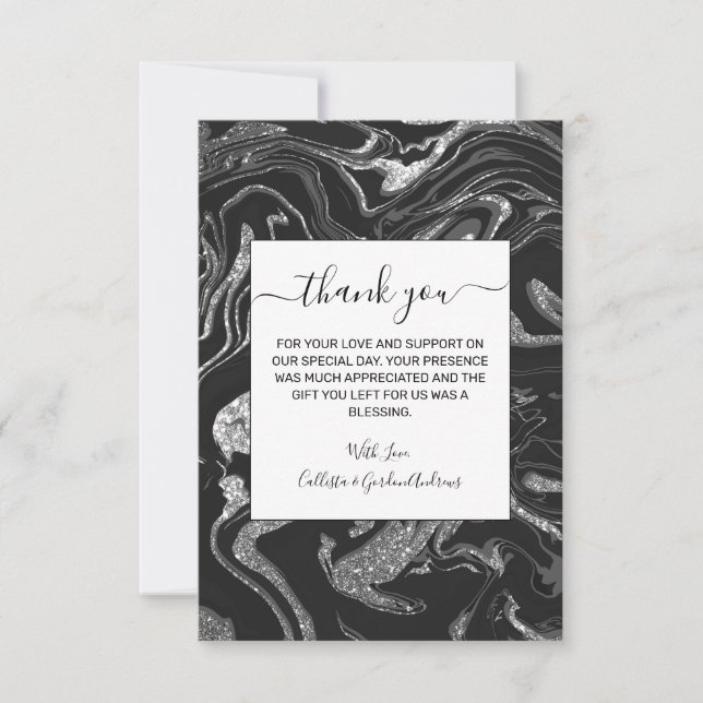 Modern Black Grey Silver Glitter Marble Thank You Card (Front)
