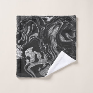 Modern Black Grey Silver Glitter Marble Wash Cloth