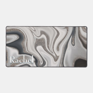 Modern Black Grey & Silver Marble Swirl Monogram Desk Mat