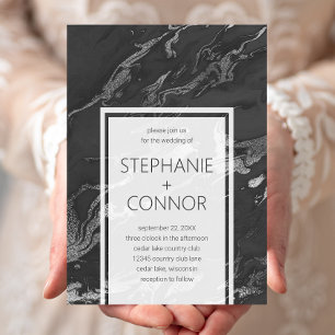 Modern Black Grey Silver Marble Wedding Invitation