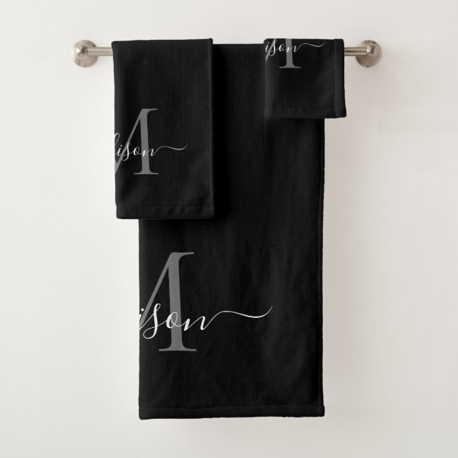 Modern Black Grey Silver Monogram Script Name Bath Towel Set (Insitu)