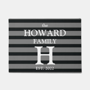 Modern Black Grey Stripes Monogram Name Wedding Doormat
