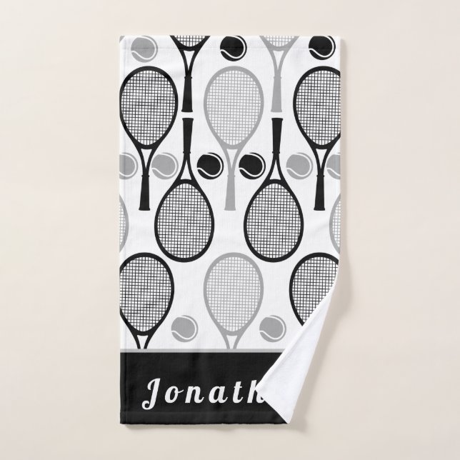 Modern Black & Grey Tennis Player Coach Dad Name Hand Towel (Hand Towel)