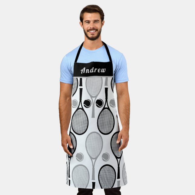 Modern Black & Grey Tennis Player Coach Dad's Name Apron (Worn)