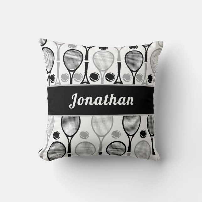 Modern Black & Grey Tennis Player Coach Name Sport Cushion (Front)