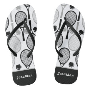 Modern Black & Grey Tennis Player Coach Name Sport Flip Flops