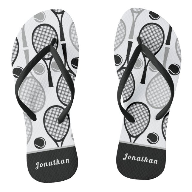Modern Black & Grey Tennis Player Coach Name Sport Flip Flops (Footbed)
