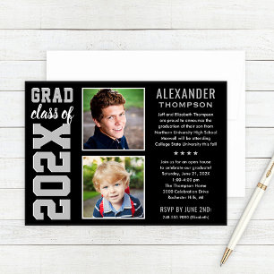 Modern Black Grey Two Photo Graduation Party Invitation