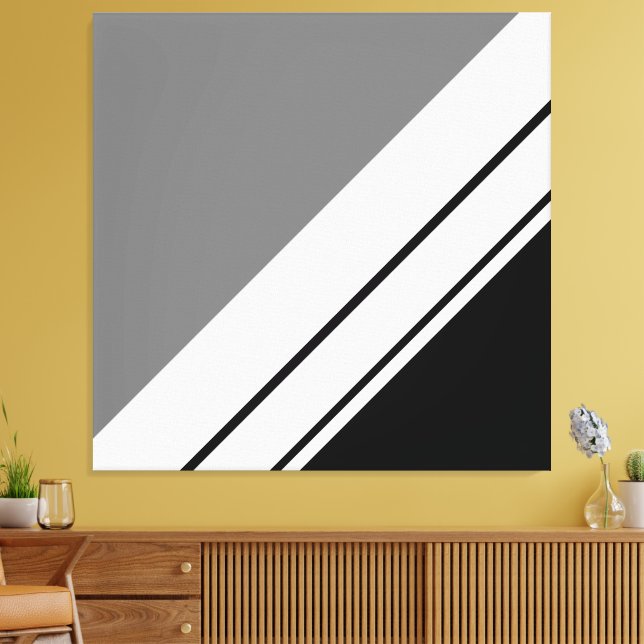Modern Black Grey White Diagonal Racing Stripes Canvas Print (Insitu(LivingRoom))