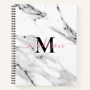 Modern black grey white marble pattern monogram notebook