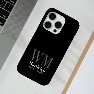 Modern Black Grey White Monogram Name iPhone 15 Pro Case
