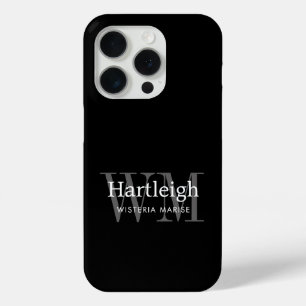 Modern Black Grey White Monogram Name iPhone 15 Pro Case