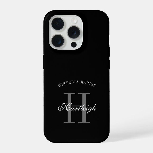 Modern Black Grey White Monogram Name iPhone Case (Back)