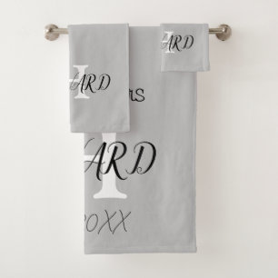Modern Black Grey White Monogram Name Newlyweds Bath Towel Set